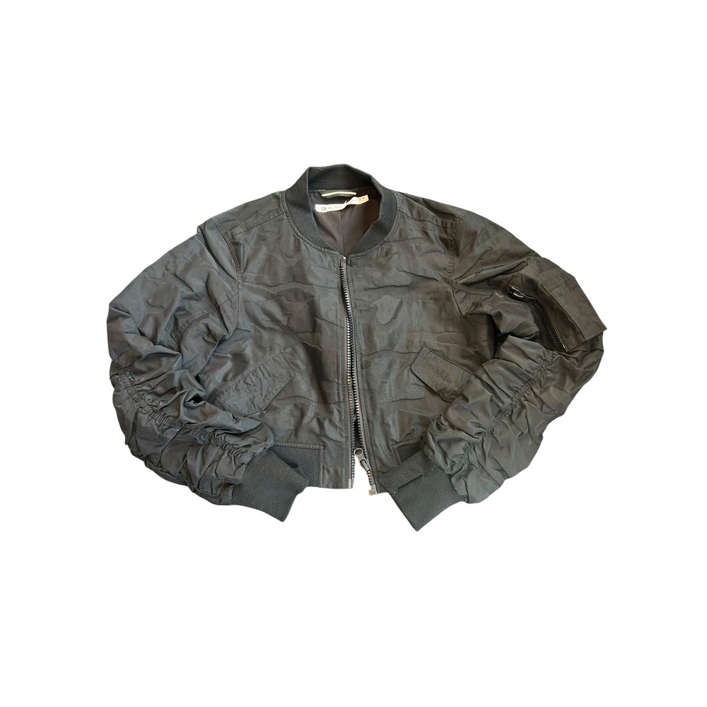 Blanc Noir Black Camo Jacquard Cropped Bomber Jacket Ruched Sleeve Womens Medium